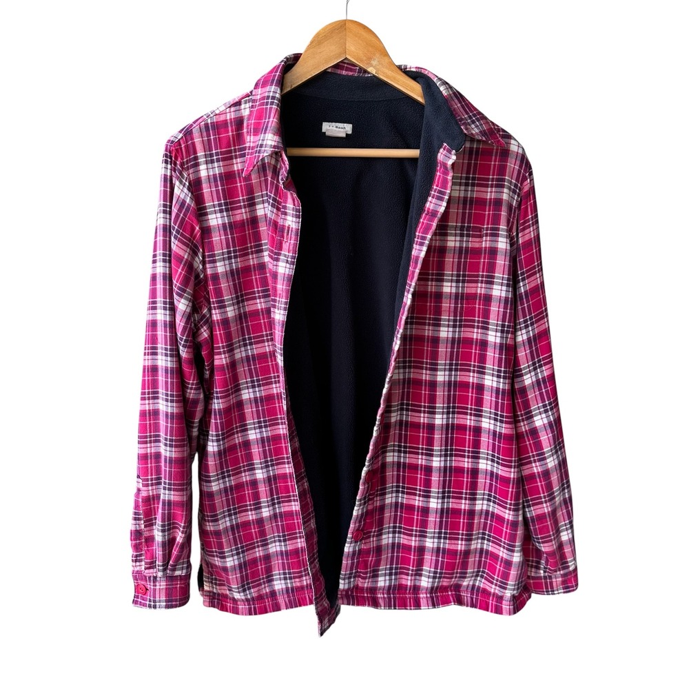 LL Bean Jacket Sweater Fleece Lined Flannel Shirt Plaid Pink Purple Size Medium